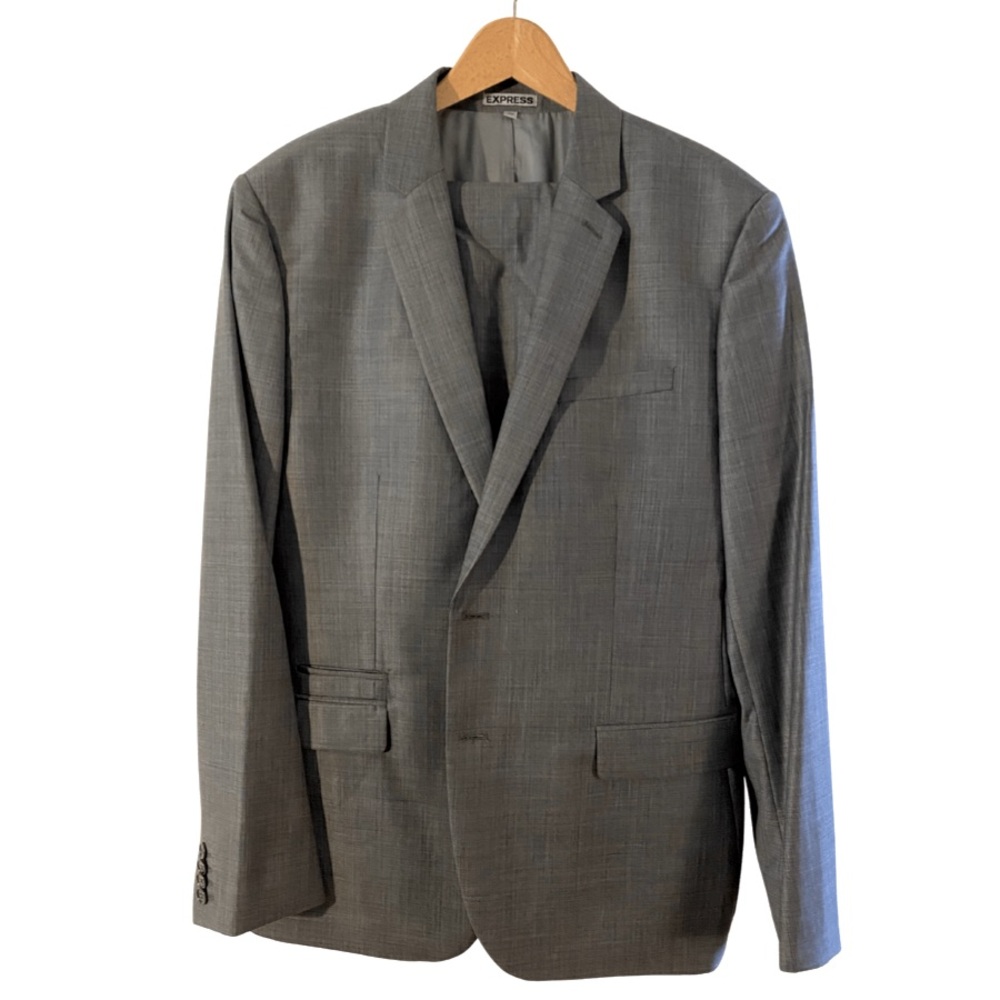 Express 2 Piece Suit. Slim Solid Grey Cotton Sateen Suit.
